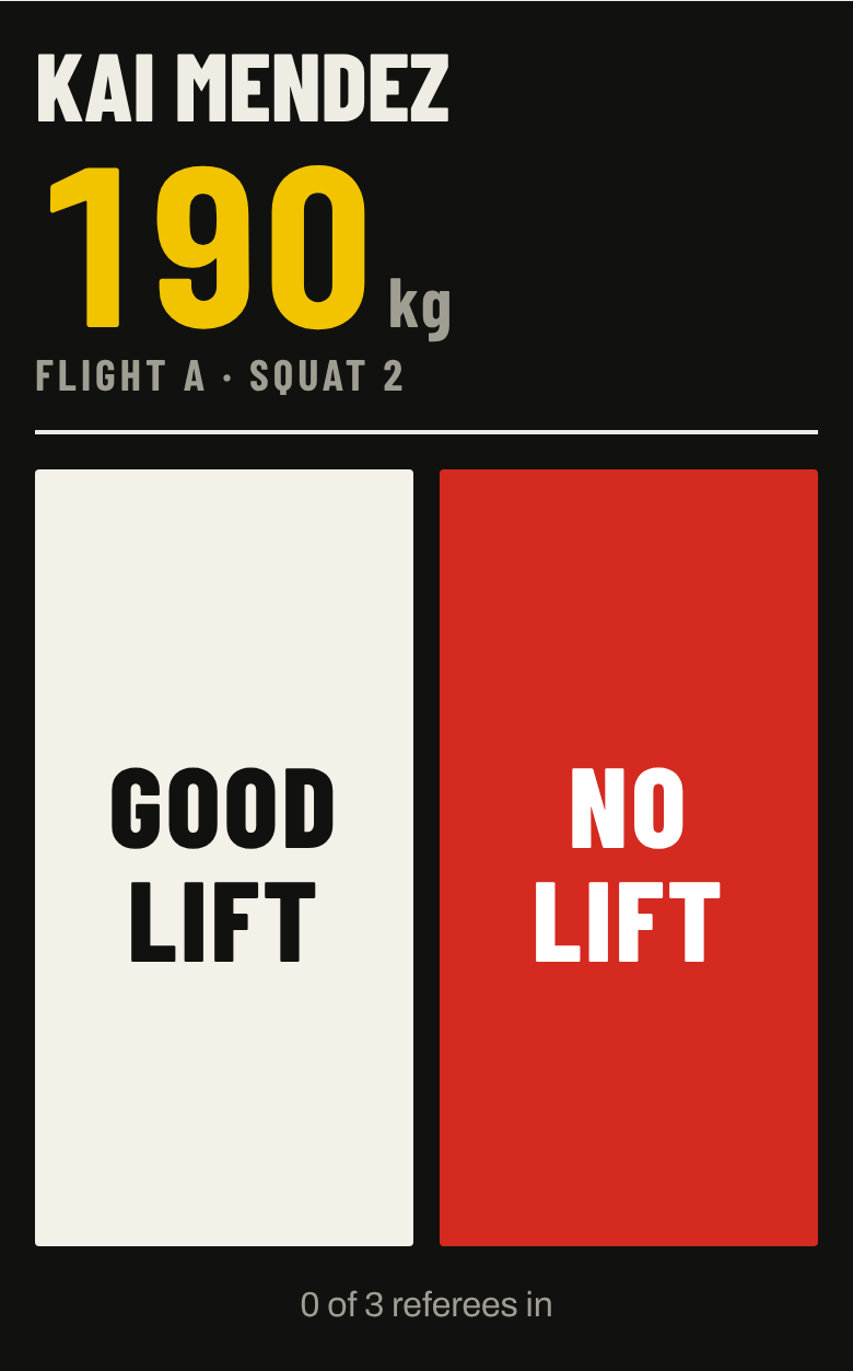 Referee phone for the left seat: Kai Mendez, 190 kg, flight A, squat 2, with a large Good lift button and a large No lift button.