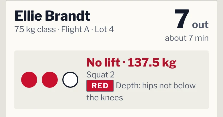 Ellie Brandt's entry on her coach's phone: no lift at 137.5 kg on squat 2, with two red lights and one white, and a red card for depth: hips not below the knees.